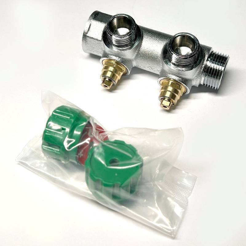 Коллектор распределительный Uni-Fitt 3/4 НВ 2 выхода 1/2 45 мм с вентилями под 90 градусов хромированный 414C3220