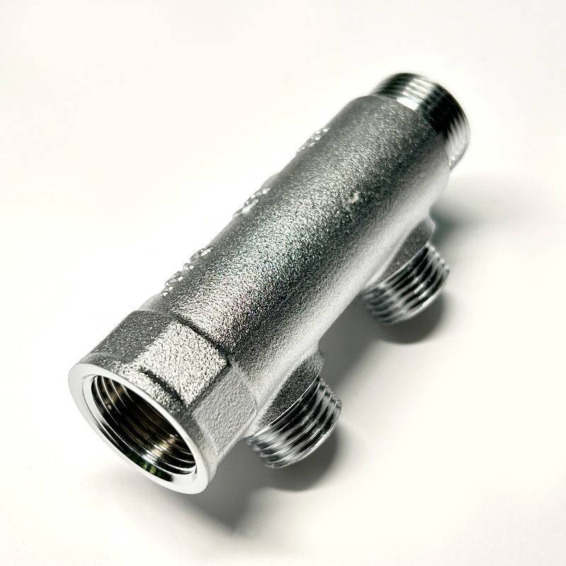 Коллектор распределительный Uni-Fitt 3/4 НВ 2 выхода 1/2 45 мм с вентилями под 90 градусов хромированный 414C3220