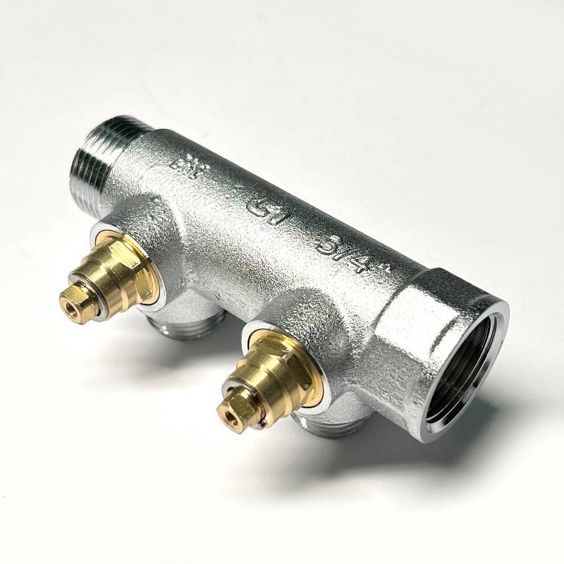 Коллектор распределительный Uni-Fitt 3/4 НВ 2 выхода 1/2 45 мм с вентилями под 90 градусов хромированный 414C3220