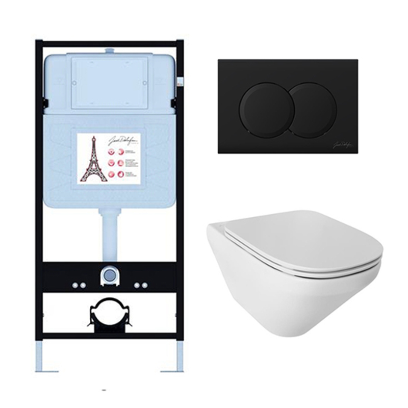 Унитаз с инсталляцией Jacob Delafon Modern Life сиденье тонкое микролифт панель для двойного смыва матовый черный E21775RU-BL