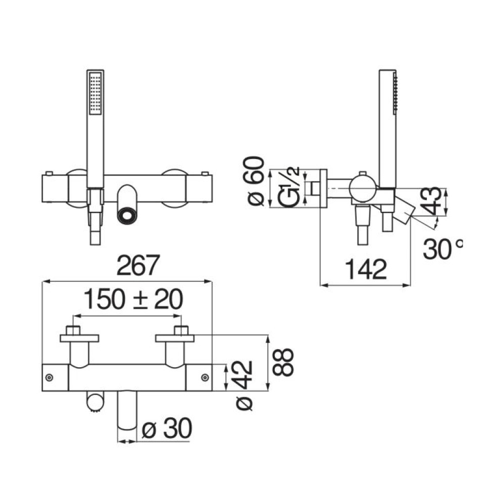 Смеситель термостатический для ванны Nobili Velis с ручным душем и шлангом 150 см глянцевый черный VE125010/2FLP