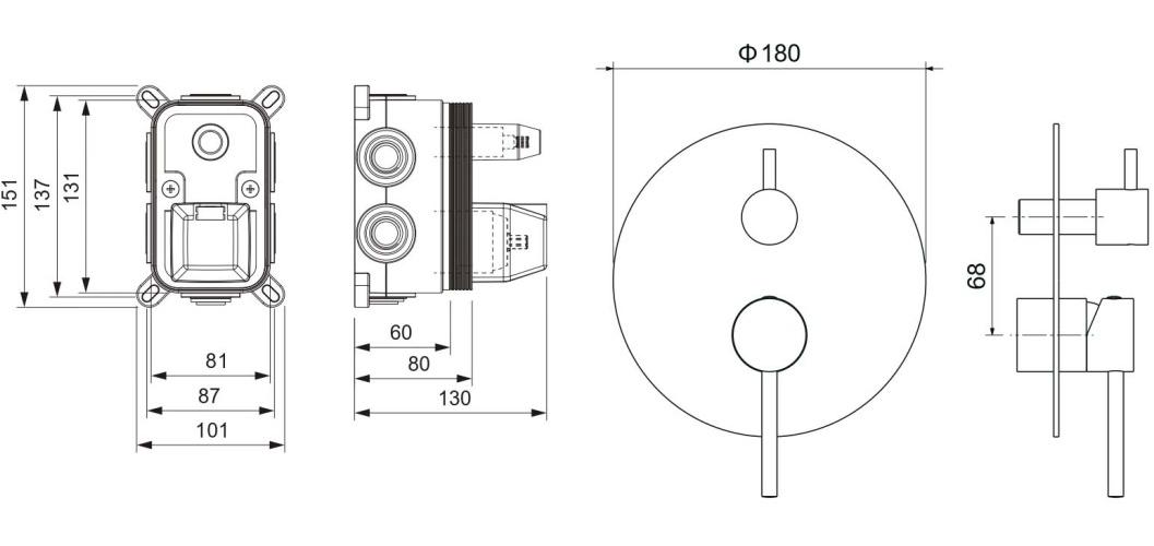 Смеситель для ванны встраиваемый Aquanet Европа 3 режима внешняя и скрытая часть хром AQ1347CR