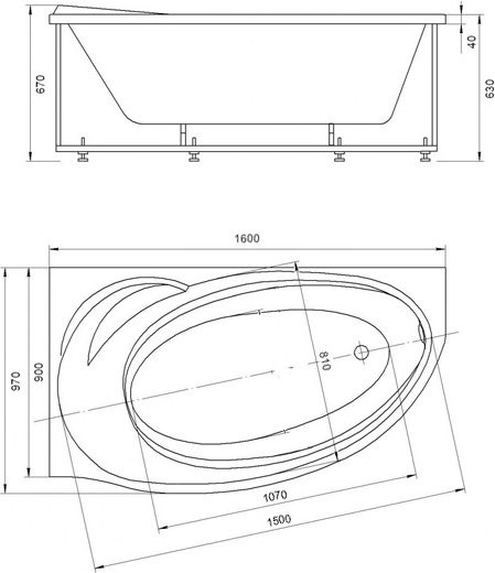 Ванна акриловая Aquatek Бетта 160 левая с фронтальным экраном BET160-0000027