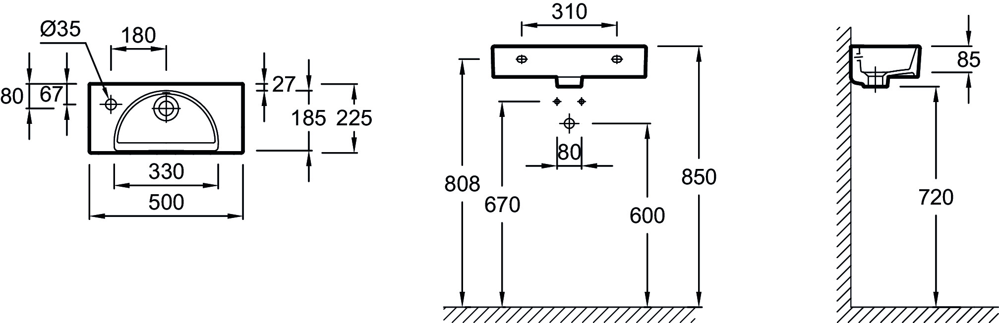 Рукомойник Jacob Delafon Odeon Rive Gauche 50х22 см отверстие слева белый EGO112-55-00