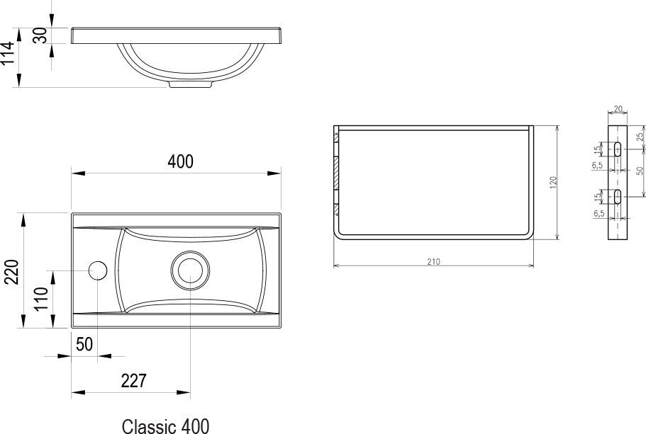 Умывальник RAVAK Classic 400 400x220 мм белый с отверстием XJD01140000