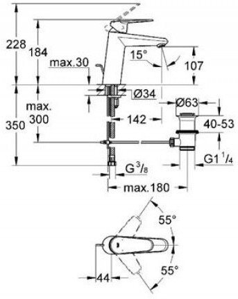 Смеситель для раковины GROHE Eurodisc Cosmopolitan M-Size средний излив с донным клапаном хром 23448002