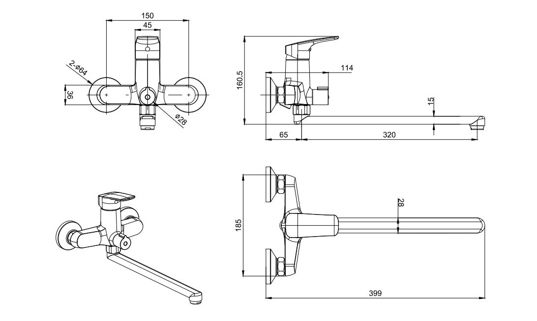Смеситель для ванны с длинным изливом Aquanet Vega хром AQ1042CR
