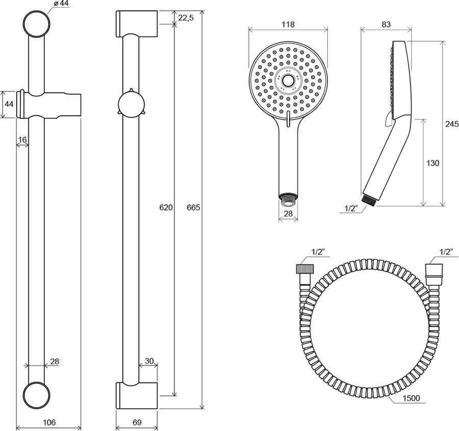 Душевой гарнитур RAVAK шланг 150 см лейка Flat M 3 функции штанга 60 см X07S003