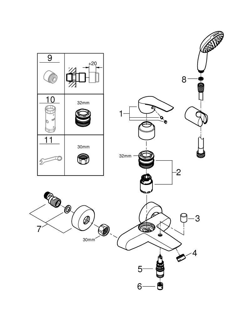 Смеситель для ванны GROHE Eurosmart с душевым набором Tempesta 110 хром 25276003