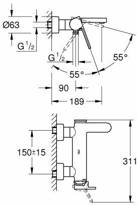 Смеситель для ванны GROHE Eurosmart Cosmopolitan настенный монтаж хром 33553003