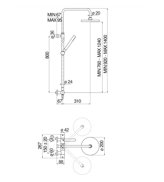 Душевая система термостатическая Nobili Velis верхний душ 20 см красное золото VE125030/50RCP