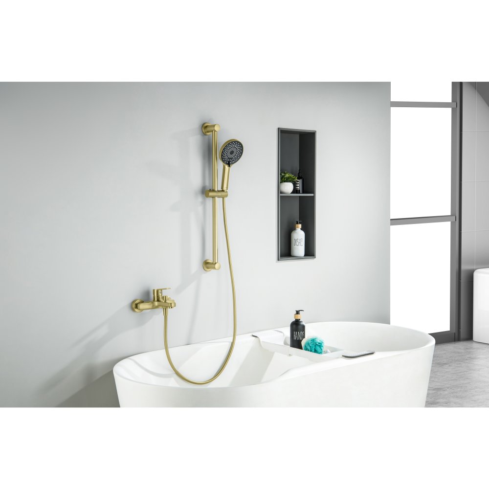 Смеситель для ванны Aquanet Лугано с душевым гарнитуром 3jet шлифованное золото AQ1748BG