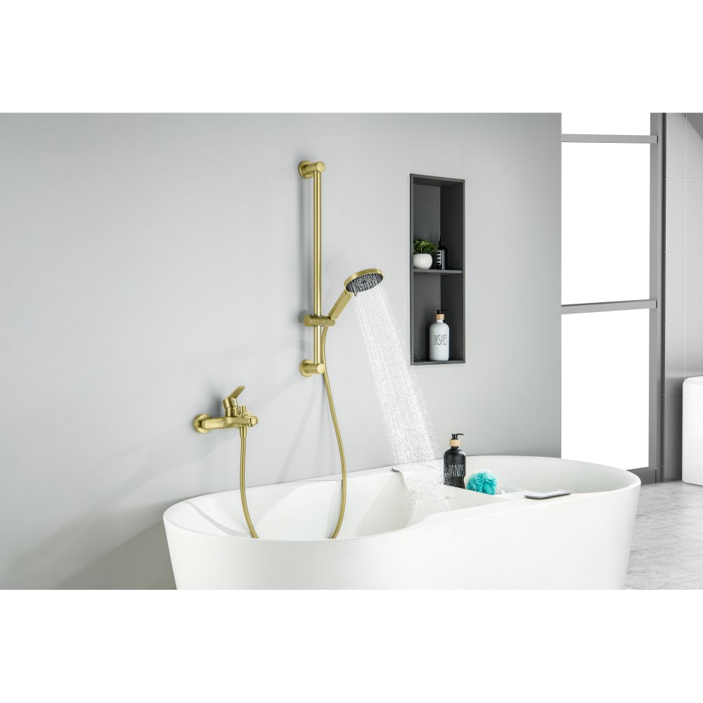 Смеситель для ванны Aquanet Лугано с душевым гарнитуром 3jet шлифованное золото AQ1748BG