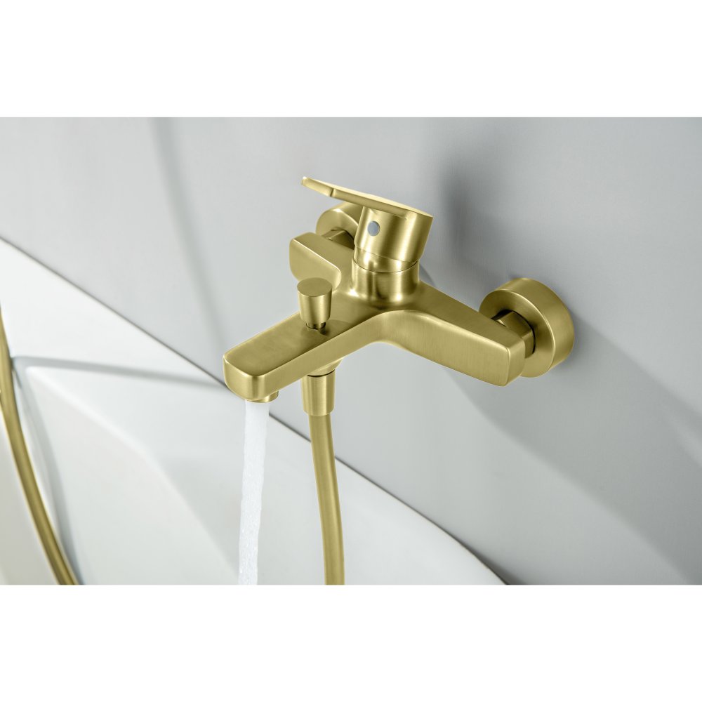 Смеситель для ванны Aquanet Лугано с душевым гарнитуром 3jet шлифованное золото AQ1748BG