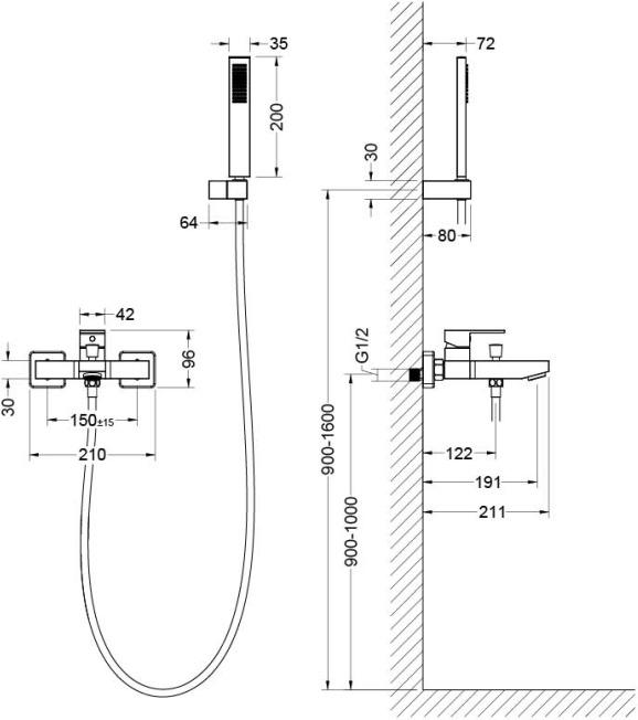 Смеситель для ванны Aquanet Libra с душевым набором 1jet черный матовый AQ1649MB
