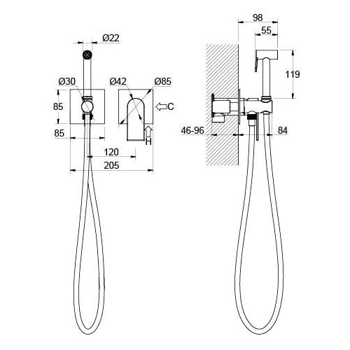 Комплект для гигиенического душа Aquanet Лира встроенный 2 отверстия матовый черный AQ1420MB