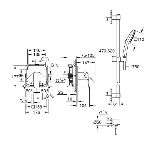 Душевой комплект GROHE CUBEO со смесителем скрытого монтажа и гарнитуром Tempesta Cube 110 матовый черный 1053352430