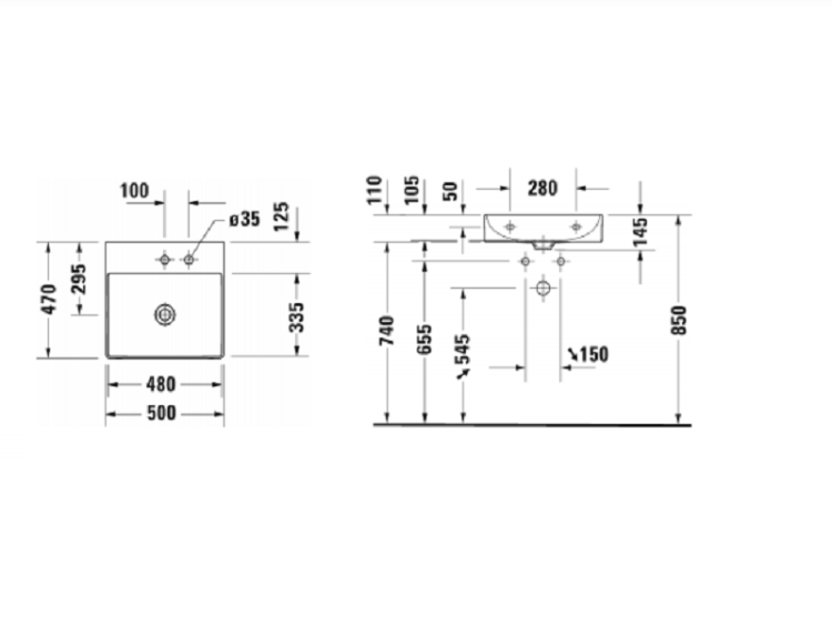 Раковина Duravit DuraSquare 500x470 мм с 1 отверстием для смесителя 2353500041