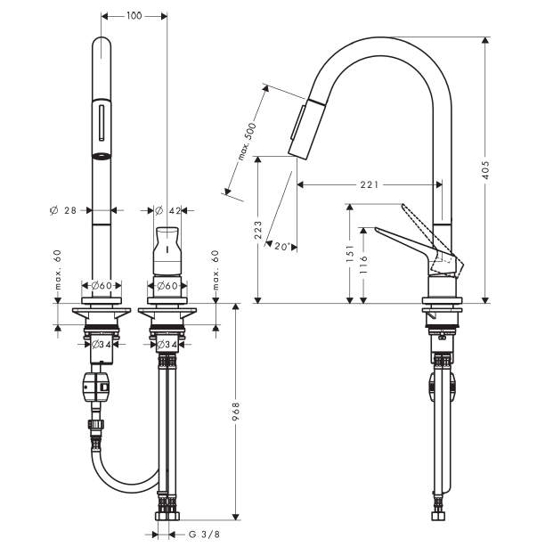 Смеситель для кухни AXOR Citterio M на 2 отверстия шлифованная медь 34822950