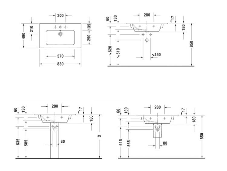 Раковина для мебели Duravit ME by Starck 830x490 мм асимметричная правая без отверстия для смесителя 2336830060