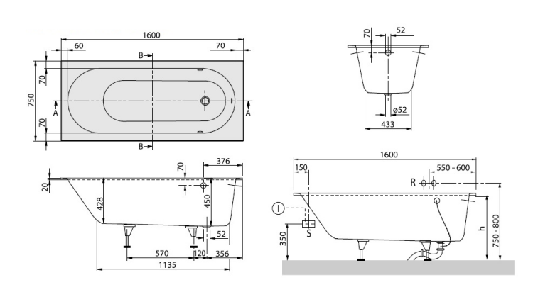 Ванна Villeroy & Boch Oberon 1600x750 мм Stone White UBQ160OBE2VRW