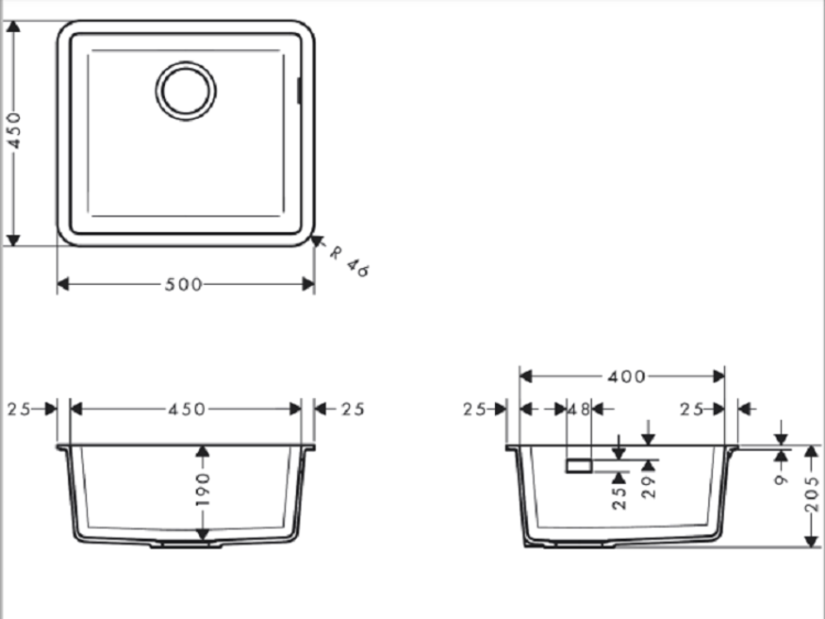 Мойка Hansgrohe S51 S510-U450 500x450x205 мм под столешницу черный графит 43431170.