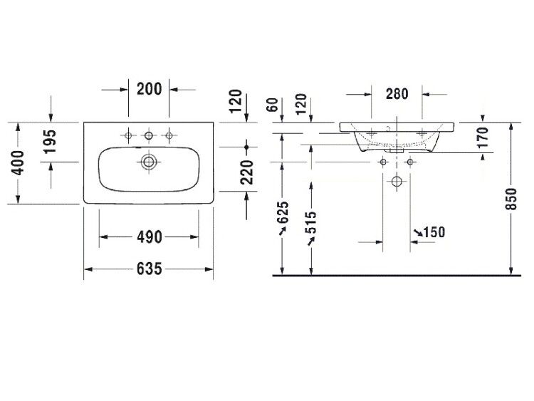 Раковина Duravit DuraStyle 635x400 мм накладная с 1 отверстием для смесителя 2337630000