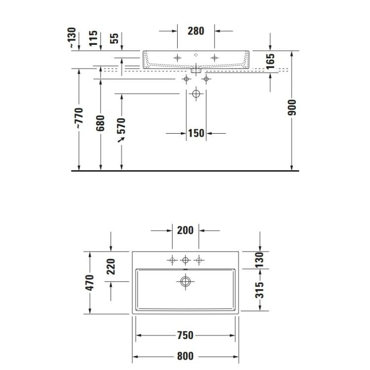 Раковина Duravit Vero Air 800x470 мм шлифованная без отверстия для смесителя 2350800028
