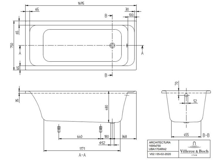 Ванна Villeroy & Boch Architectura 1700x750 мм UBA170ARA2V01