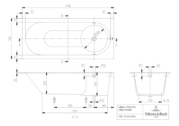 Ванна Villeroy & Boch Libra 1700x750x432 мм Quaryl белая UBQ170LIB2V01
