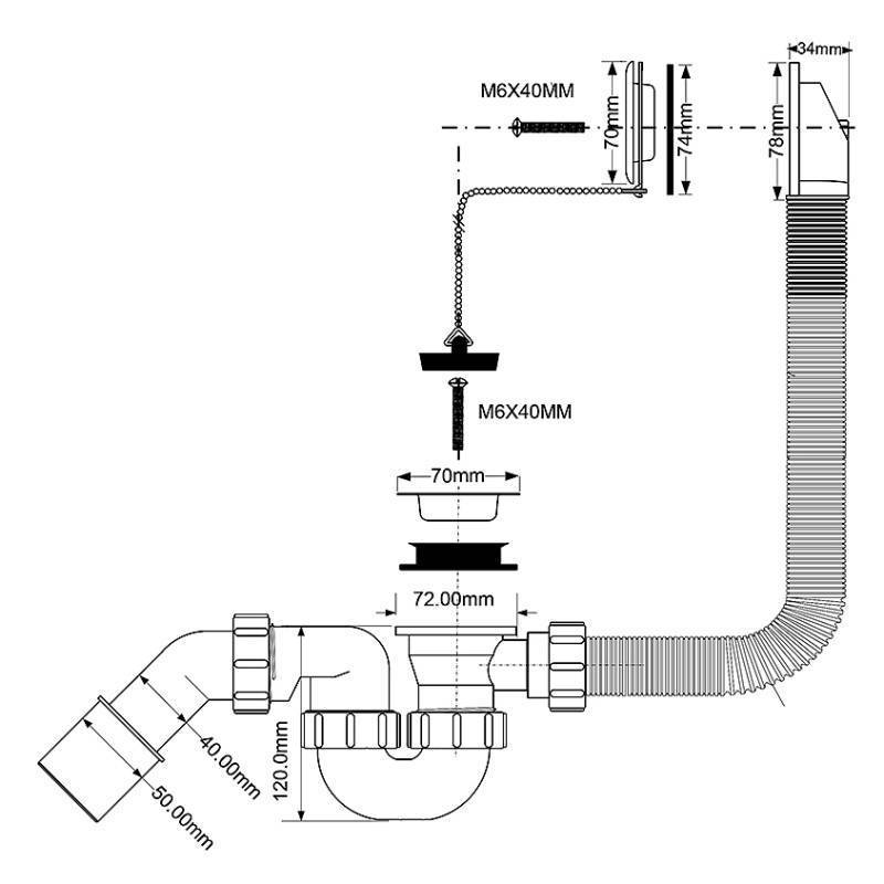 Слив-перелив для ванны McAlpine L 368 мм x 34 мм с пробкой и цепочкой MRB1