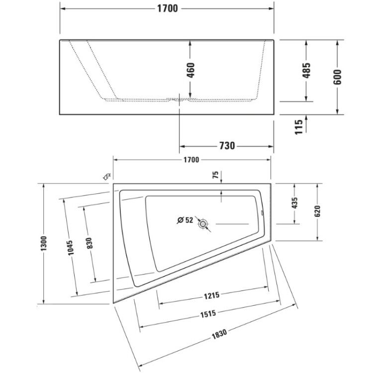 Ванна Duravit Paiova 1700x1300 мм угловая трапециевидная наклон спинки слева 700266000000000