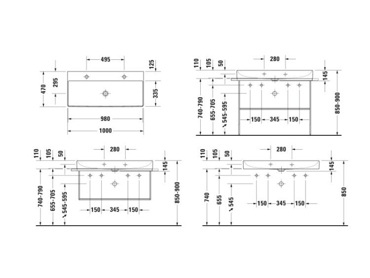Раковина Duravit DuraSquare 1000x470 мм с 2 отверстиями для смесителя 2353100043