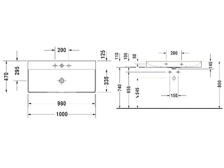 Раковина подвесная Duravit DuraSquare 1000x470 мм с 1 отверстием для смесителя 2353100041