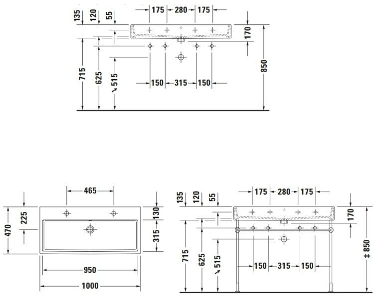 Раковина Duravit Vero Air 1000x470 мм 2 отверстия под смеситель 2350100024
