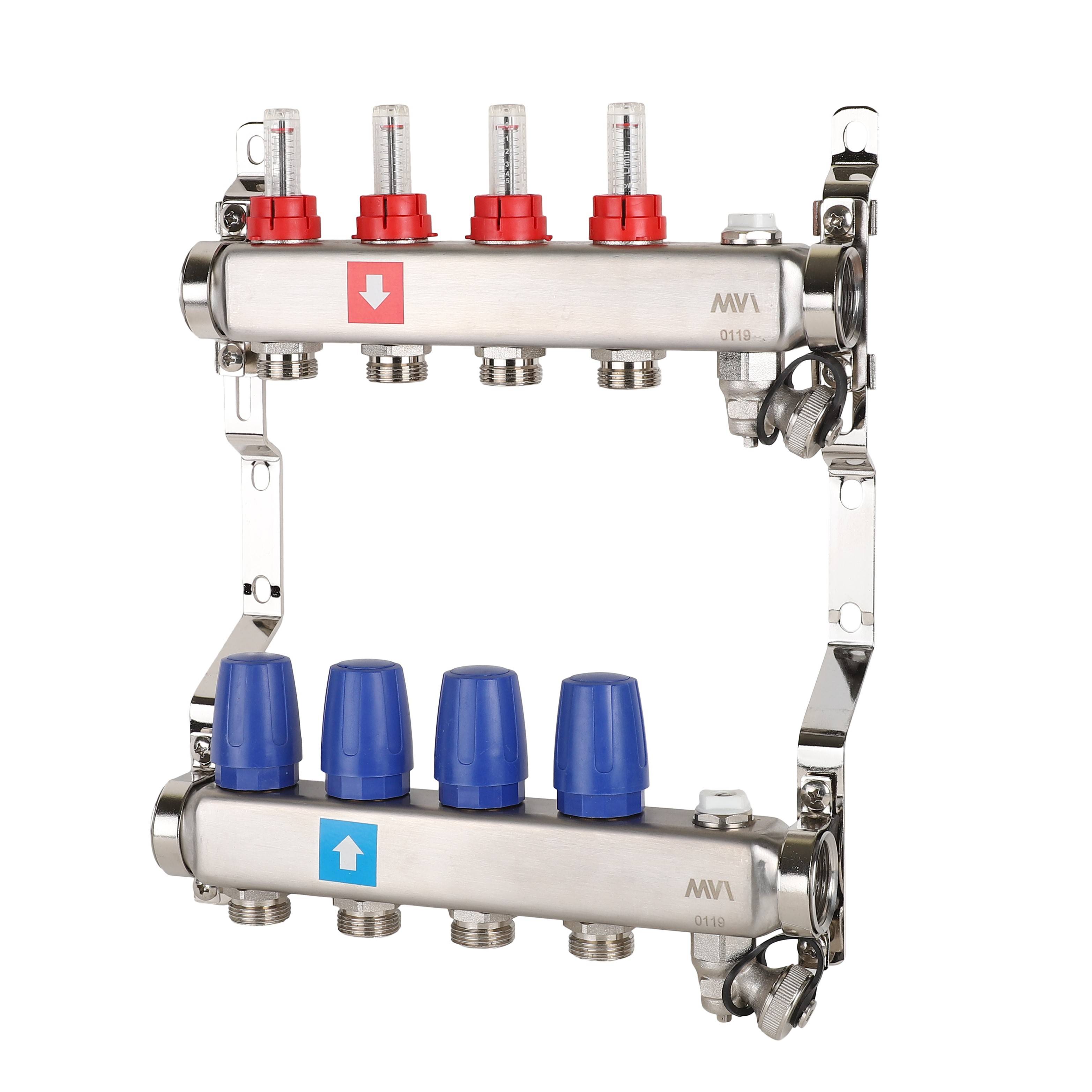 Коллекторная группа с расходомерами, дренажным краном и краном Маевского Aqualink 4 выхода AMS.704.06