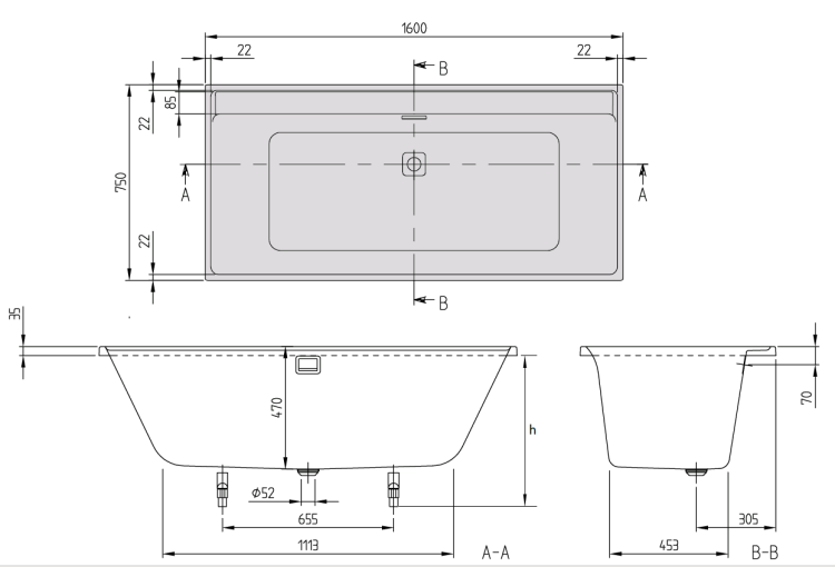 Ванна Villeroy & Boch Collaro 1600x750 мм Stone White слив-перелив хром UBA160COR2DVRW