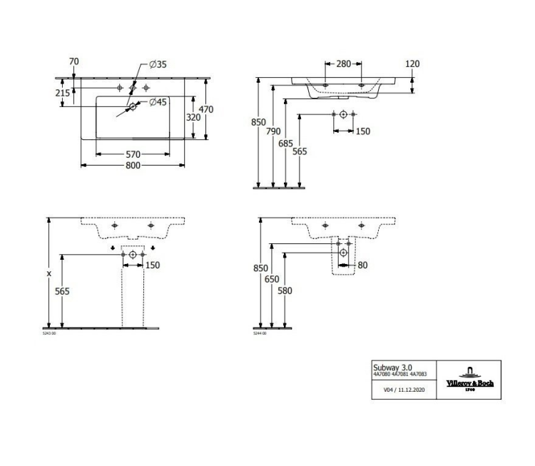 Раковина Villeroy & Boch Subway 3.0 650x470 мм 1 отверстие для смесителя 4A706501
