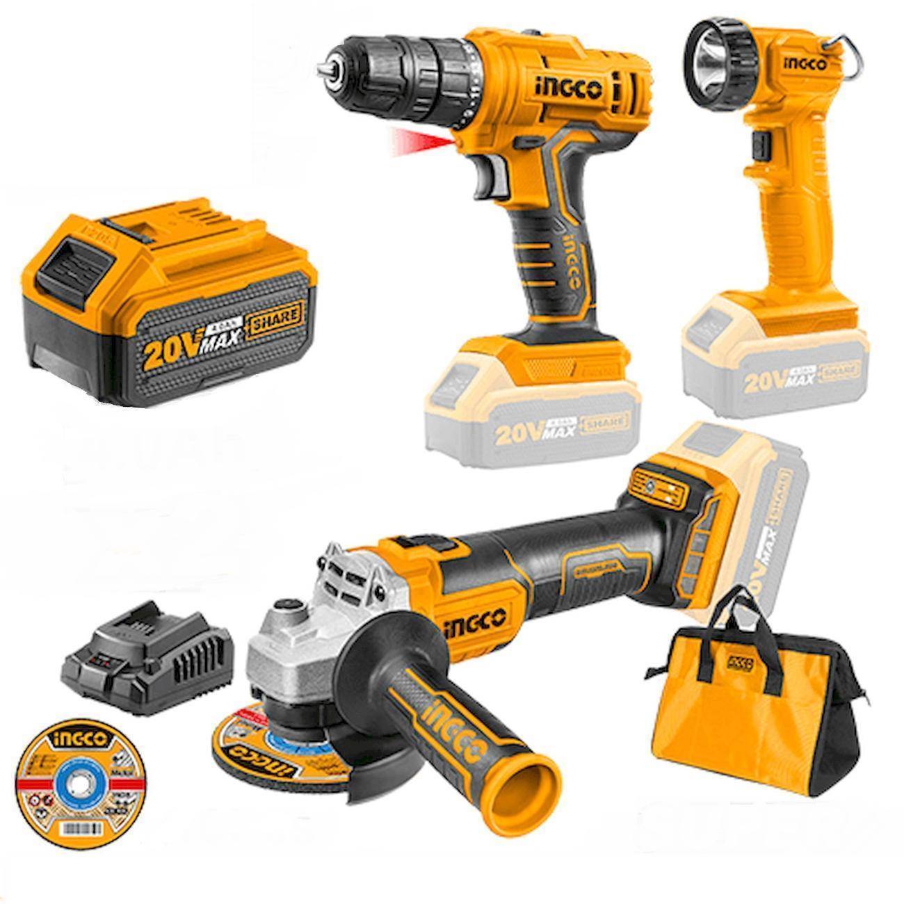 Набор аккумуляторного инструмента INGCO CKLI дрель-шуруповерт, гайковерт и фонарь 20 В CKLI