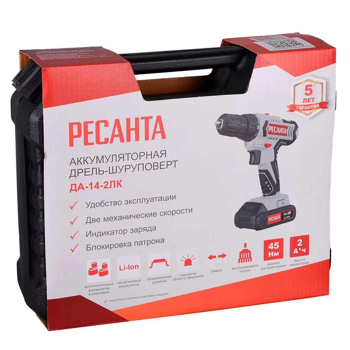 Аккумуляторная дрель-шуруповерт Ресанта ДА-14-2ЛК 14.4 В 2.0 Ач 72/14/24