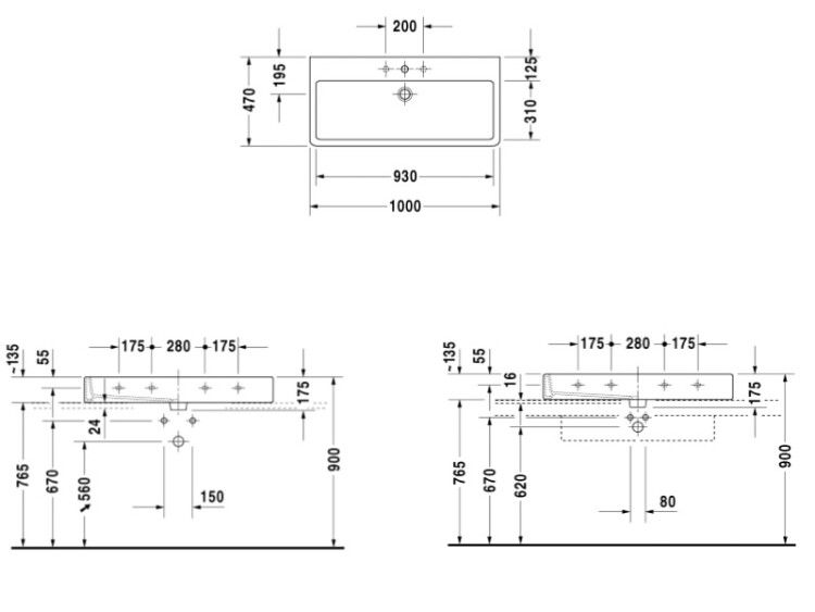Раковина Duravit Vero 1000x470 мм шлифованная 1 отверстие для смесителя 0454100027