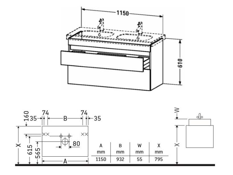 Тумба под раковину Duravit DuraStyle подвесная 1150x453x610 мм 2 ящика графит матовый DS648604949