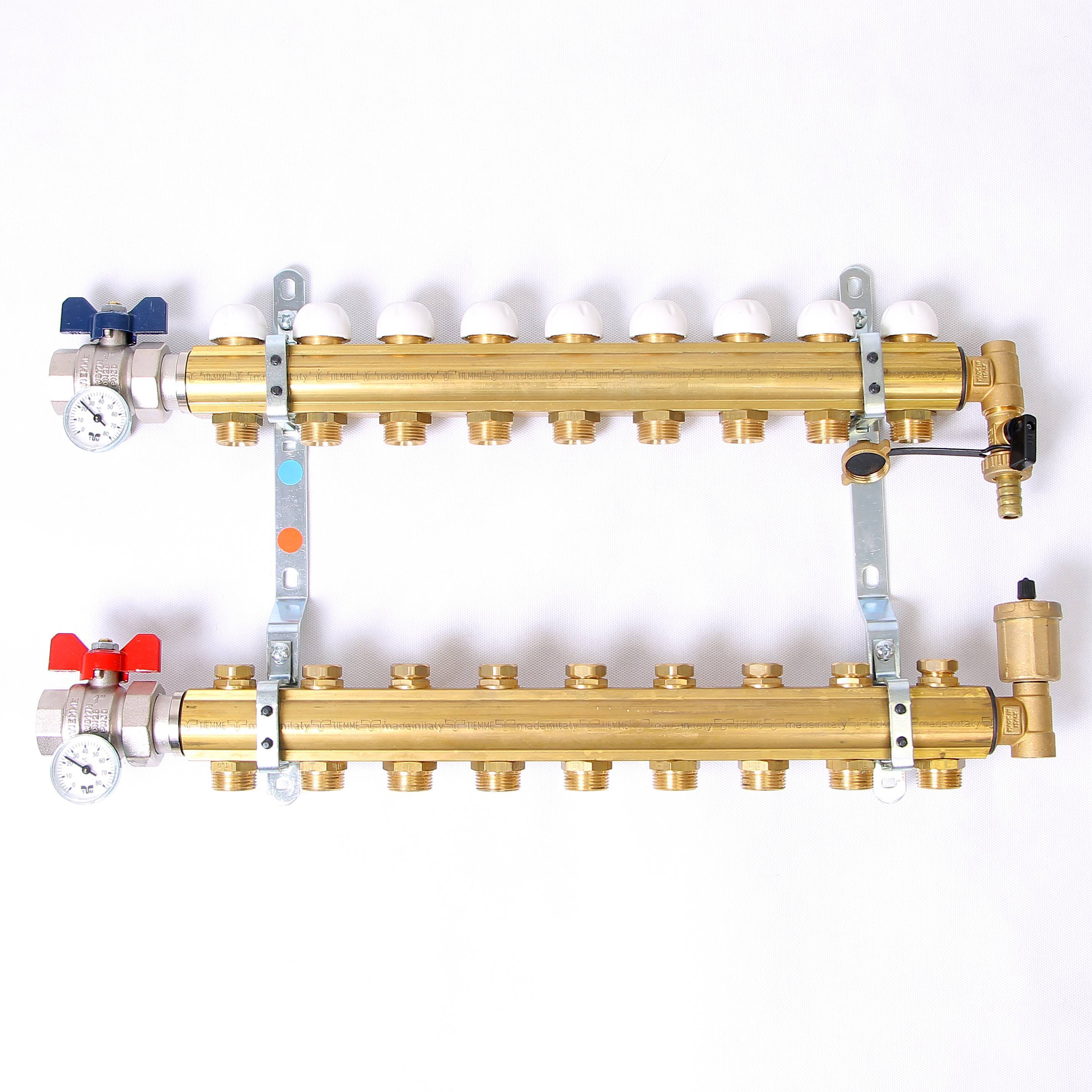 Коллекторная группа Tiemme 1x3/4 EK 9 выходов с кронштейнами и вентилями 3870042