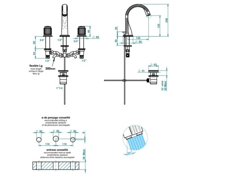 Смеситель для раковины THG Jaipur Cristal Satine на 3 отверстия цвет светлое золото A9BF30151M