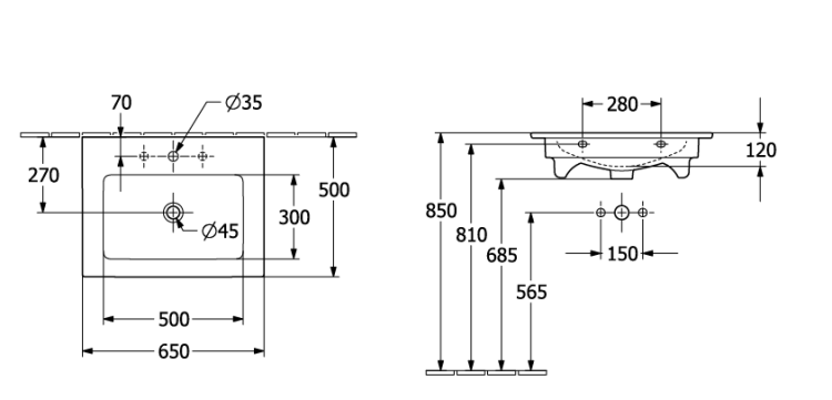 Раковина Villeroy & Boch Venticello 650x500x120 мм, CeramicPlus, цвет камень белый, 1 сквозное и 2 намеченных отверстия для смесителя 412465RW