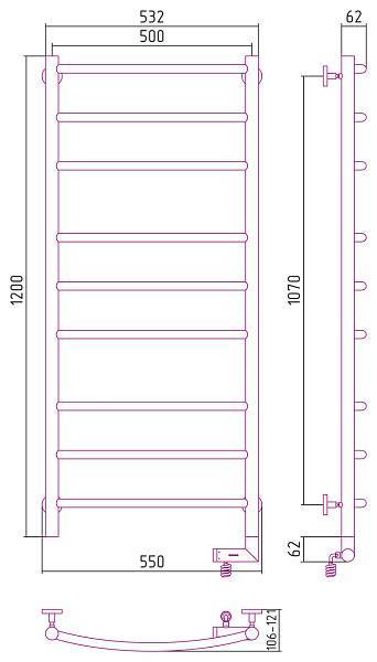 Полотенцесушитель электрический Сунержа Галант 2.0 500x1200 мм правый без покрытия 00-5201-1250