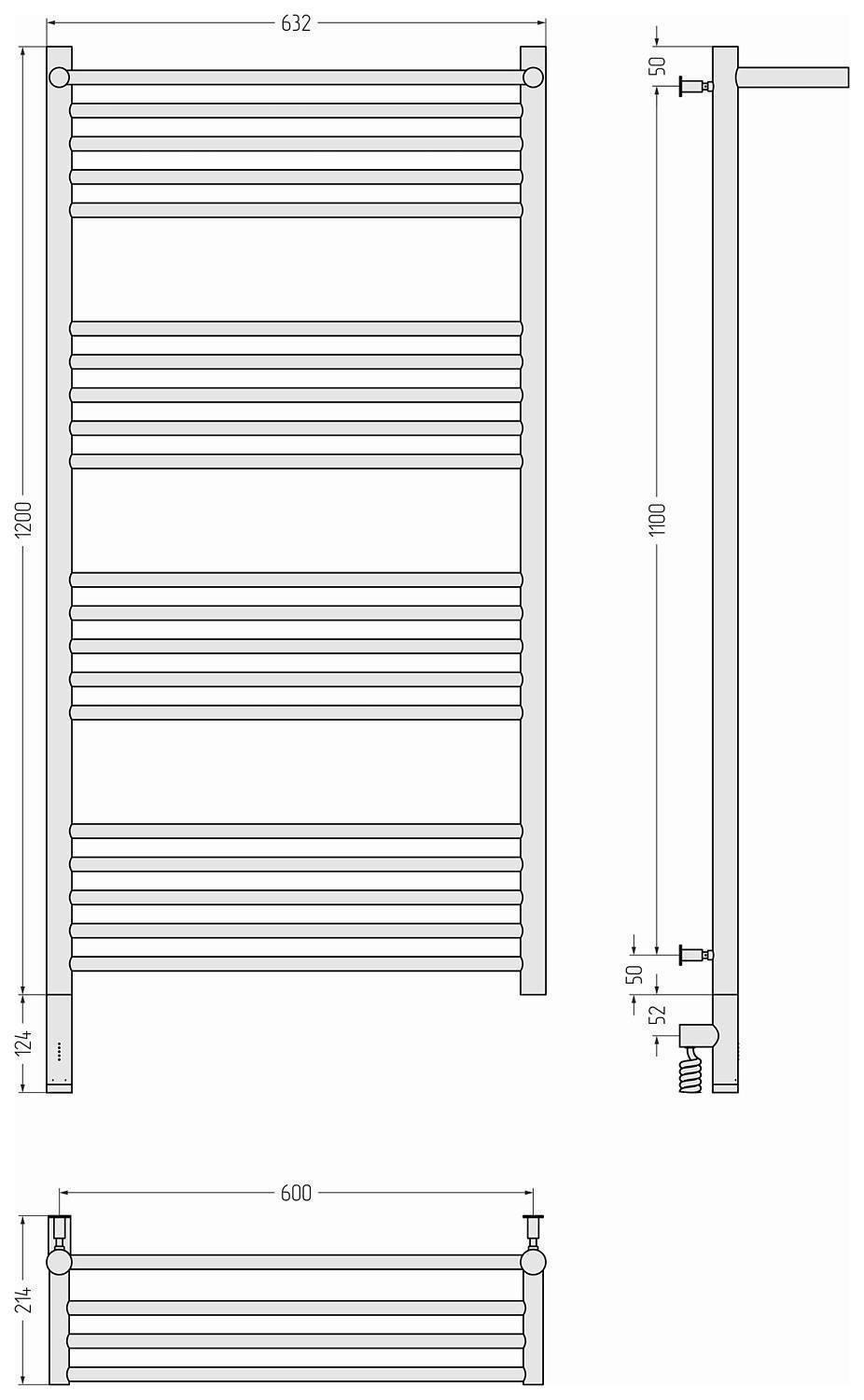 Полотенцесушитель электрический Сунержа Богема 3.0 с 1 полкой 632x1324 мм левый матовый черный 31-5806-1260