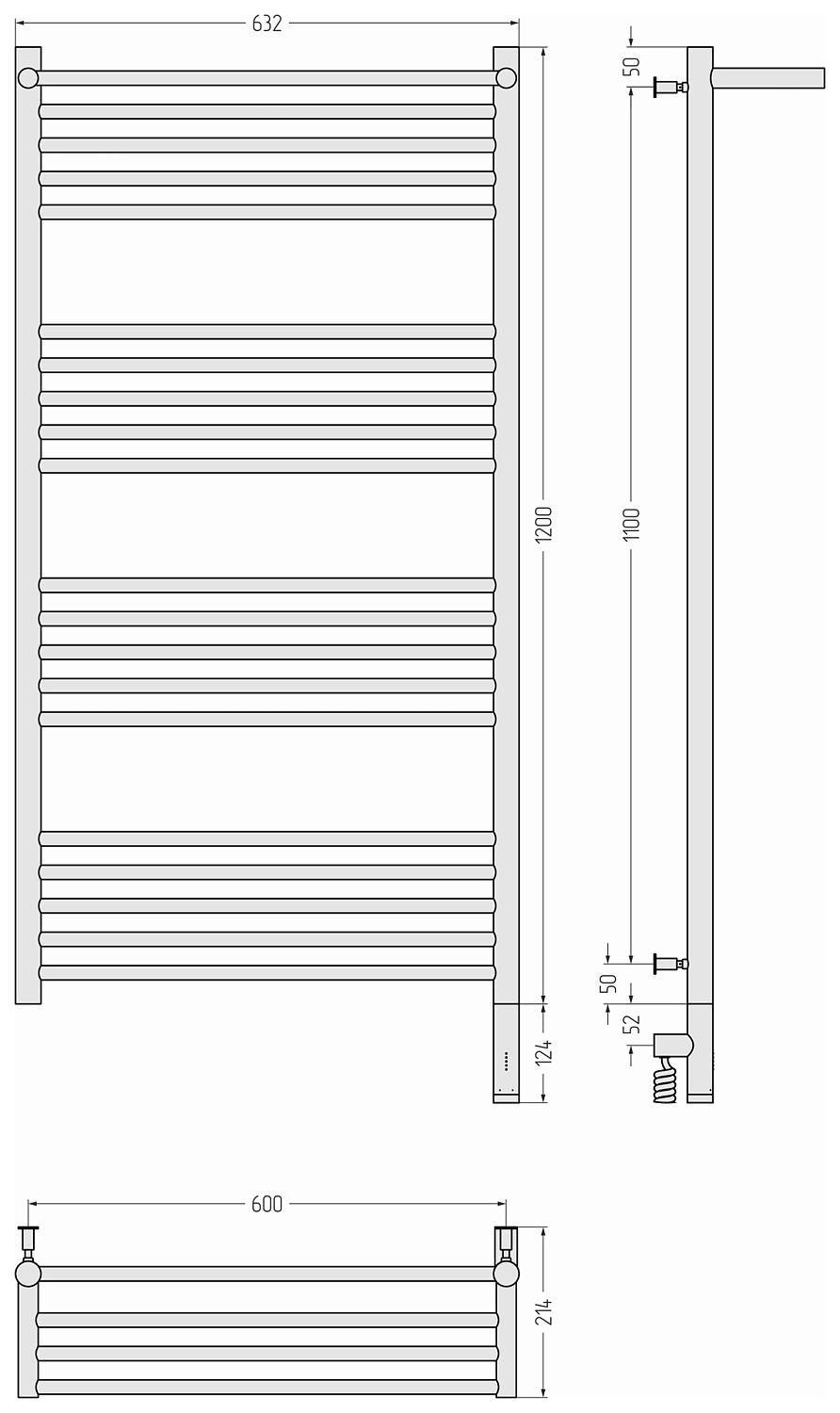 Полотенцесушитель электрический Сунержа Богема 3.0 с 1 полкой 632x1324 мм правый матовый черный 31-5807-1260
