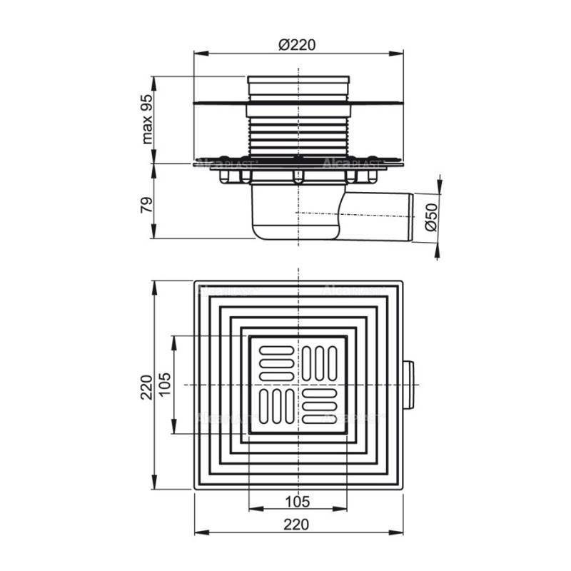 Трап для душа Alca 105х105 мм боковой выпуск 50 мм комбинированный затвор APV1324