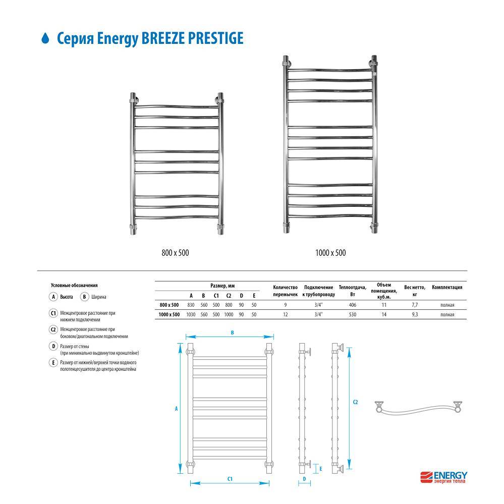Водяной полотенцесушитель Energy Breeze Prestige 1000x500 EWTRBRZPR1005000000